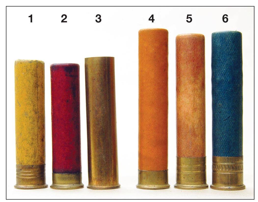 Winchester’s first .410 was a (1) 2-inch in yellow “Repeater” case; (2) Remington paper; (3) Remington drawn brass, all marked .410-12mm; (4) first 2½-inch case from Winchester Repeating Arms; (5) an unknown round and (6) Peters.